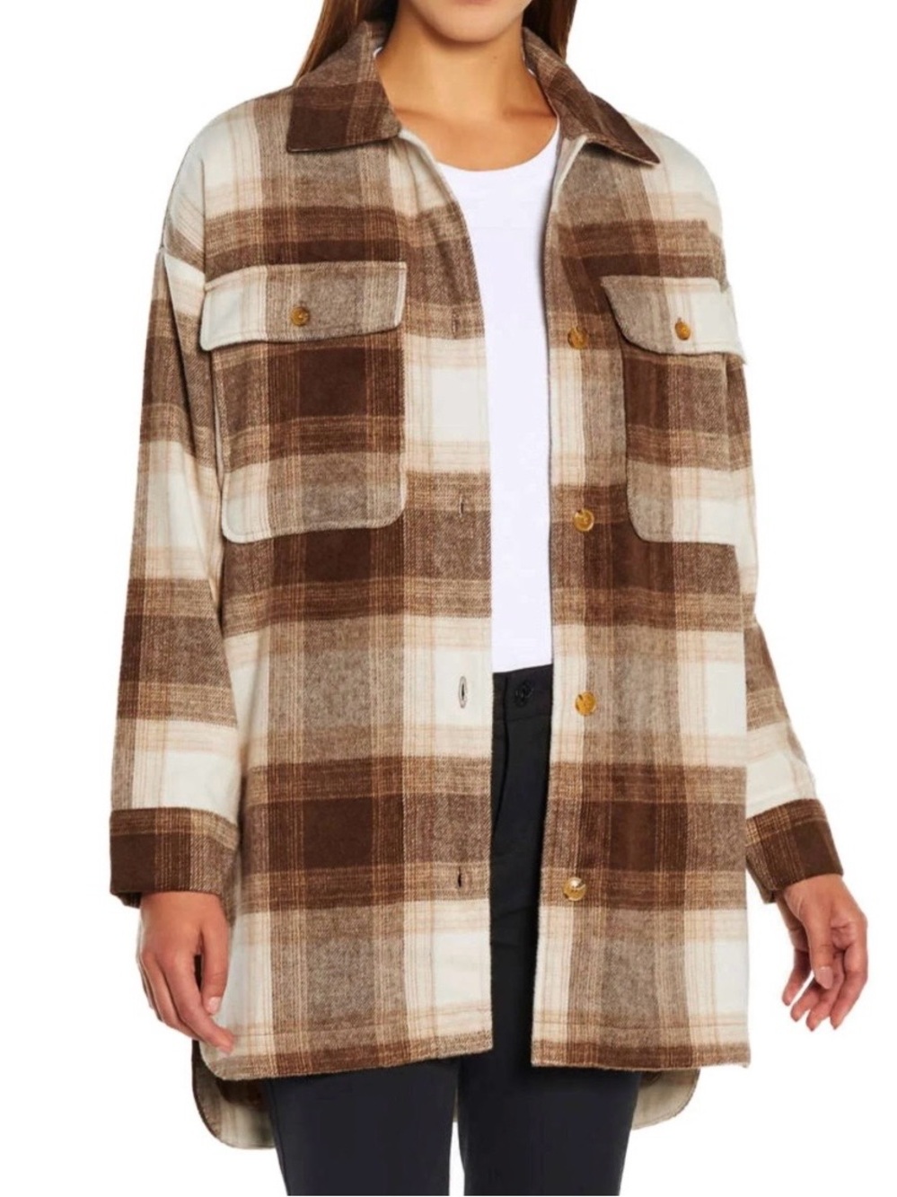 Banana Republic Brown Beige Plaid Wool Blend Shirt Jacket Size L